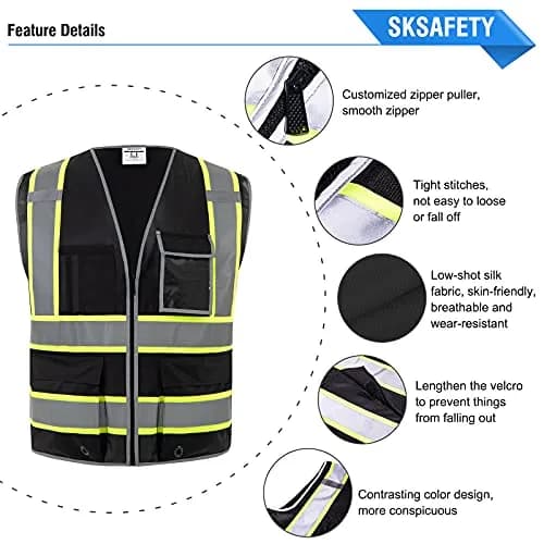 SKSAFETY Class 2 High Visibility Safety Vest with Zipper, Reflective Strips, ANSI/ISEA Standard, 10 Pockets, Black, Large (0.23 kg / 0.5 lb) thumbnail 5