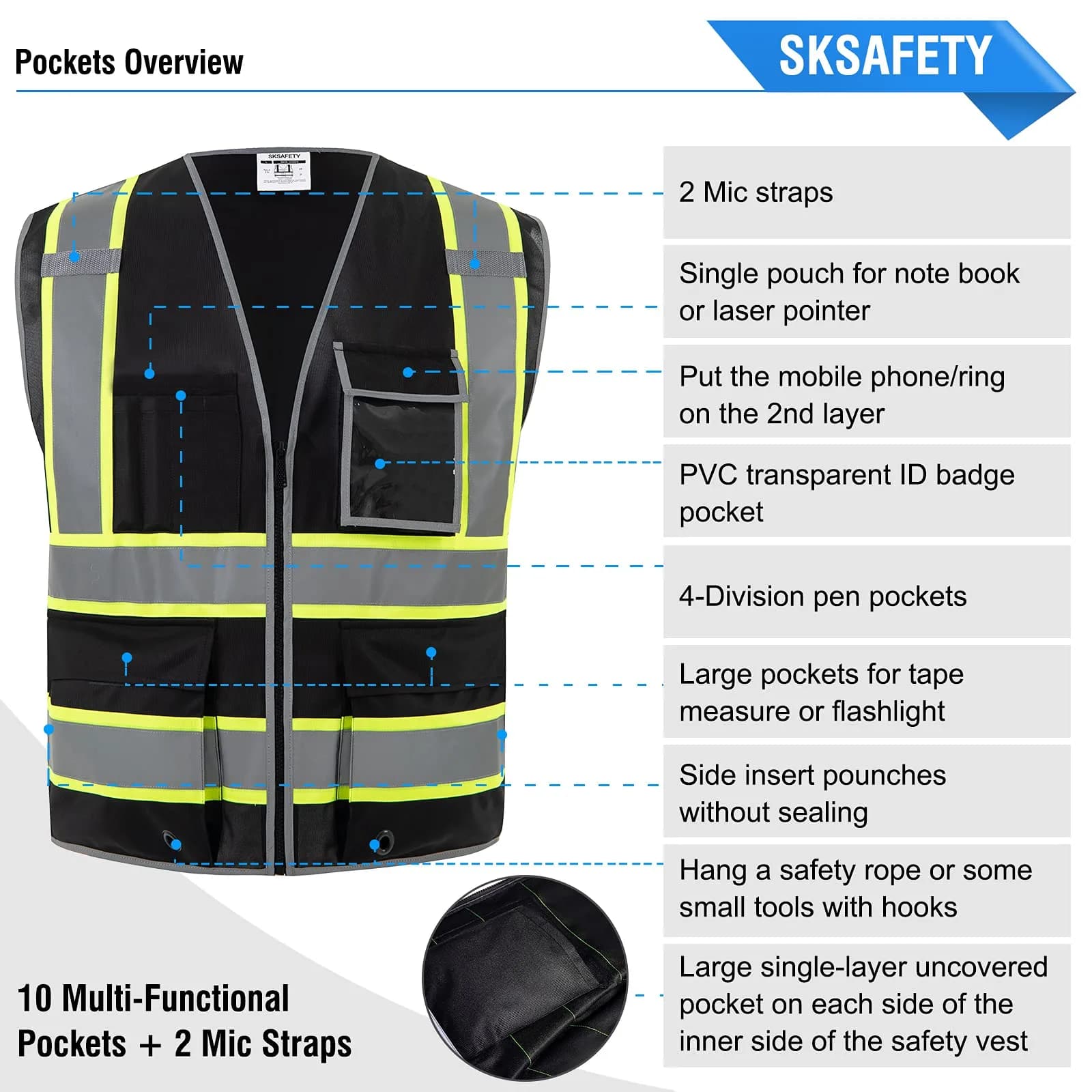 SKSAFETY Class 2 High Visibility Safety Vest with Zipper, Reflective Strips, ANSI/ISEA Standard, 10 Pockets, Black, Large (0.23 kg / 0.5 lb) - view 6