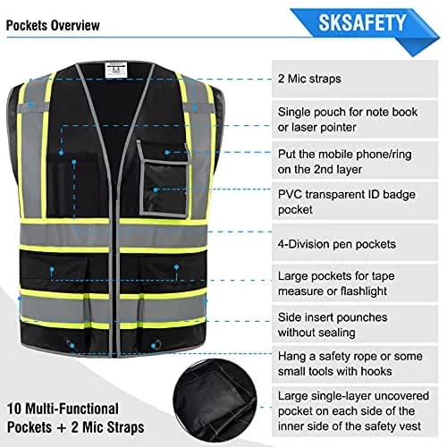SKSAFETY Class 2 High Visibility Safety Vest with Zipper, Reflective Strips, ANSI/ISEA Standard, 10 Pockets, Black, Large (0.23 kg / 0.5 lb) thumbnail 6