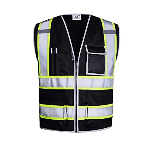 SKSAFETY Class 2 High Visibility Safety Vest with Zipper, Reflective Strips, ANSI/ISEA Standard, 10 Pockets, Black, Large (0.23 kg / 0.5 lb) thumbnail 1