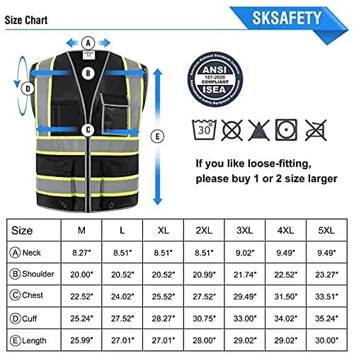 SKSAFETY Class 2 High Visibility Safety Vest with Zipper, Reflective Strips, ANSI/ISEA Standard, 10 Pockets, Black, Large (0.23 kg / 0.5 lb) thumbnail 7