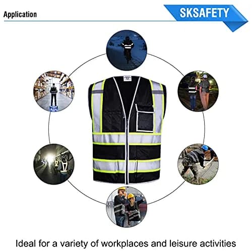 SKSAFETY Class 2 High Visibility Safety Vest with Zipper, Reflective Strips, ANSI/ISEA Standard, 10 Pockets, Black, Large (0.23 kg / 0.5 lb) thumbnail 8