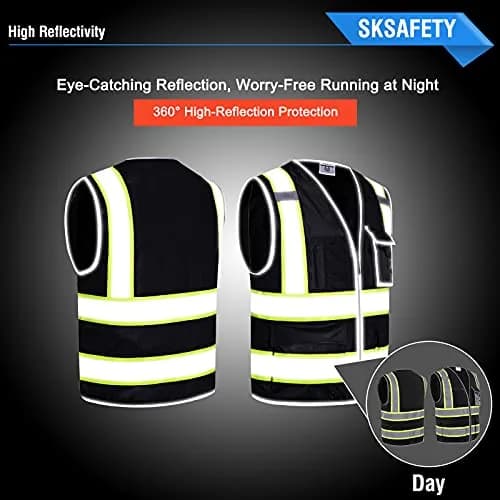 SKSAFETY Class 2 High Visibility Safety Vest with Zipper, Reflective Strips, ANSI/ISEA Standard, 10 Pockets, Black, Large (0.23 kg / 0.5 lb) thumbnail 2