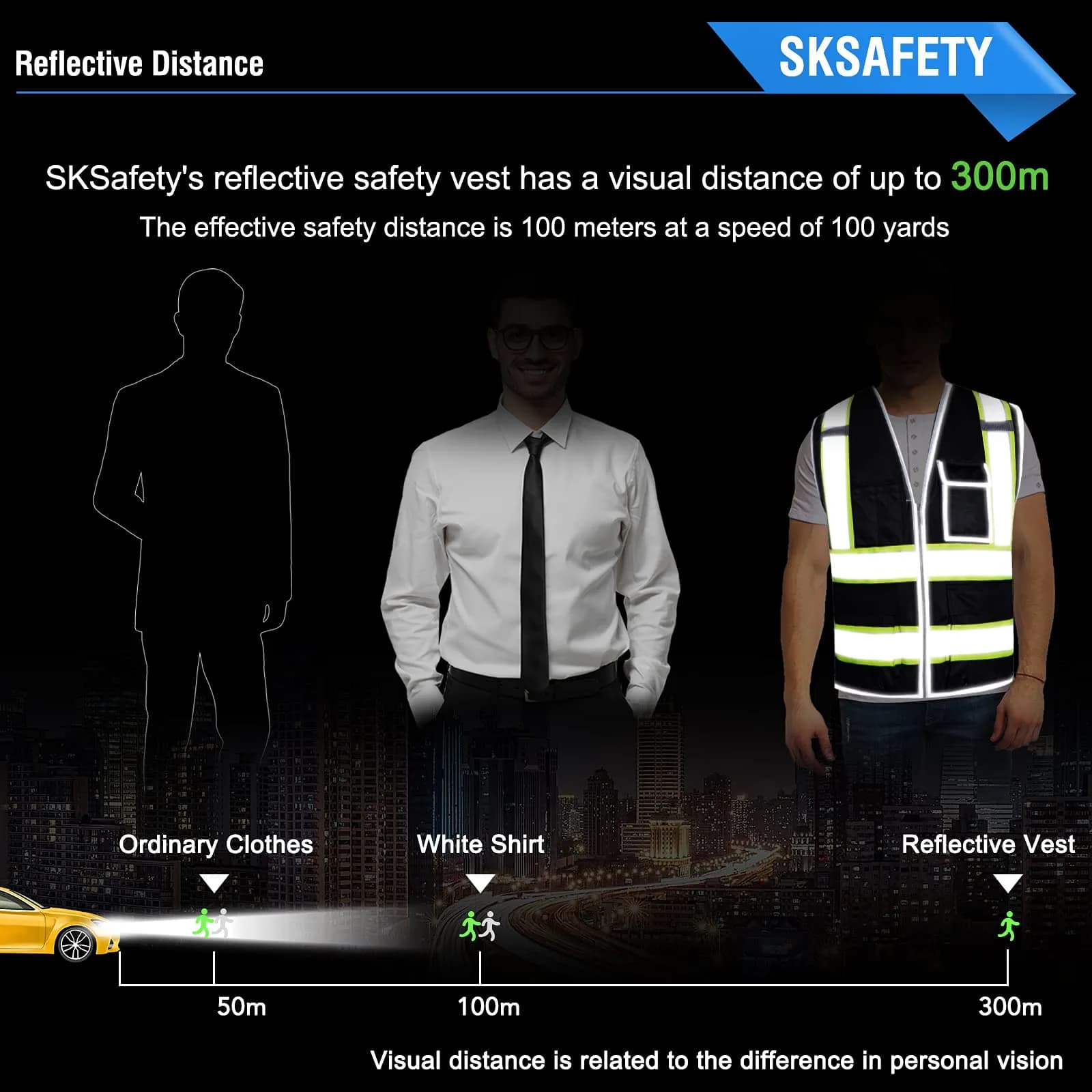 SKSAFETY Class 2 High Visibility Safety Vest with Zipper, Reflective Strips, ANSI/ISEA Standard, 10 Pockets, Black, Large (0.23 kg / 0.5 lb) - view 3