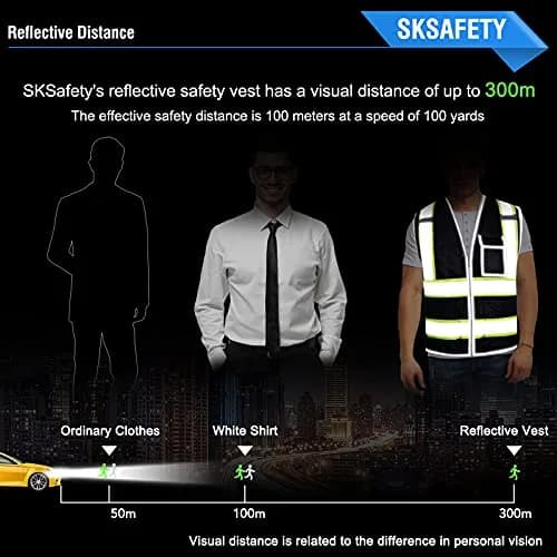 SKSAFETY Class 2 High Visibility Safety Vest with Zipper, Reflective Strips, ANSI/ISEA Standard, 10 Pockets, Black, Large (0.23 kg / 0.5 lb) thumbnail 3