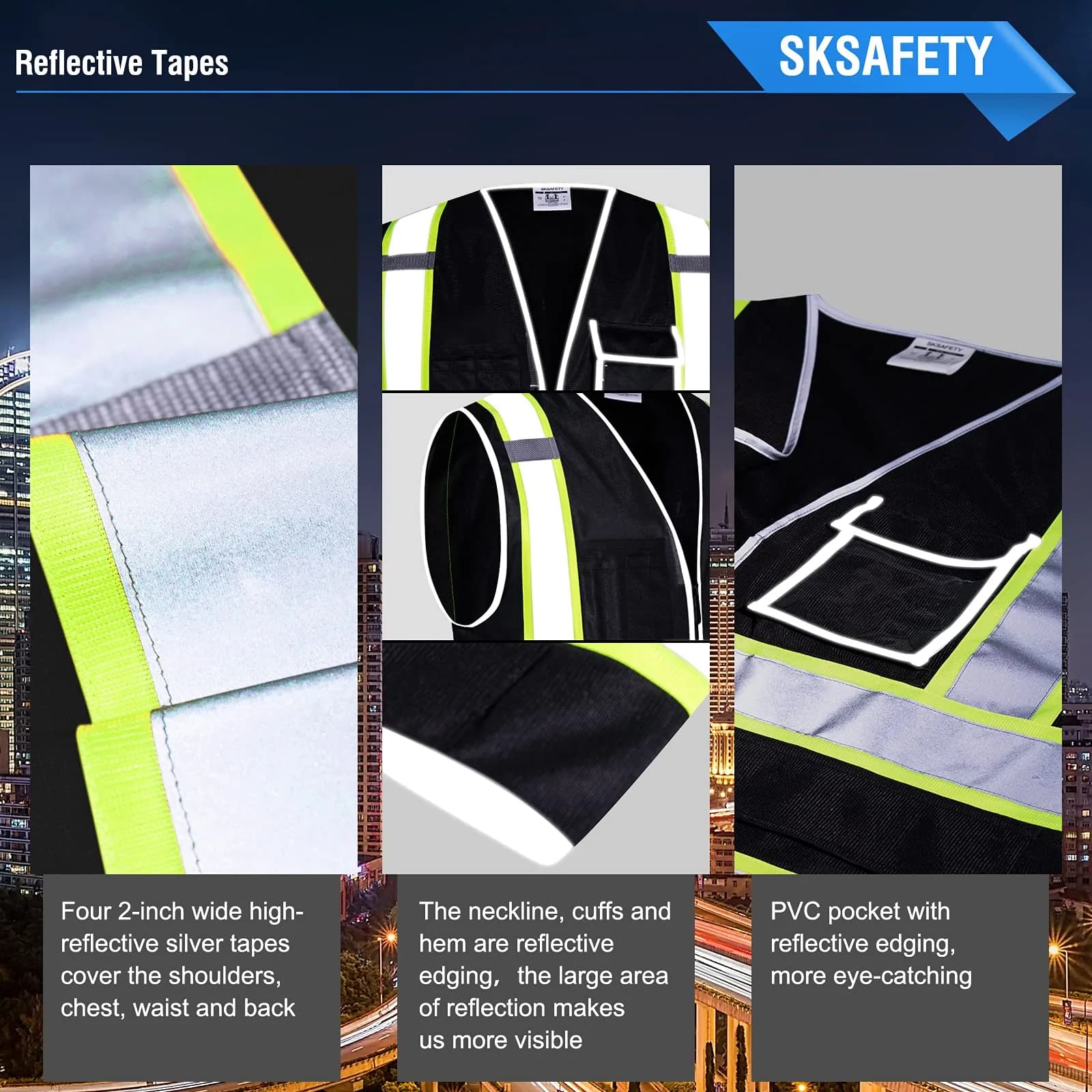 SKSAFETY Class 2 High Visibility Safety Vest with Zipper, Reflective Strips, ANSI/ISEA Standard, 10 Pockets, Black, Large (0.23 kg / 0.5 lb) - view 4