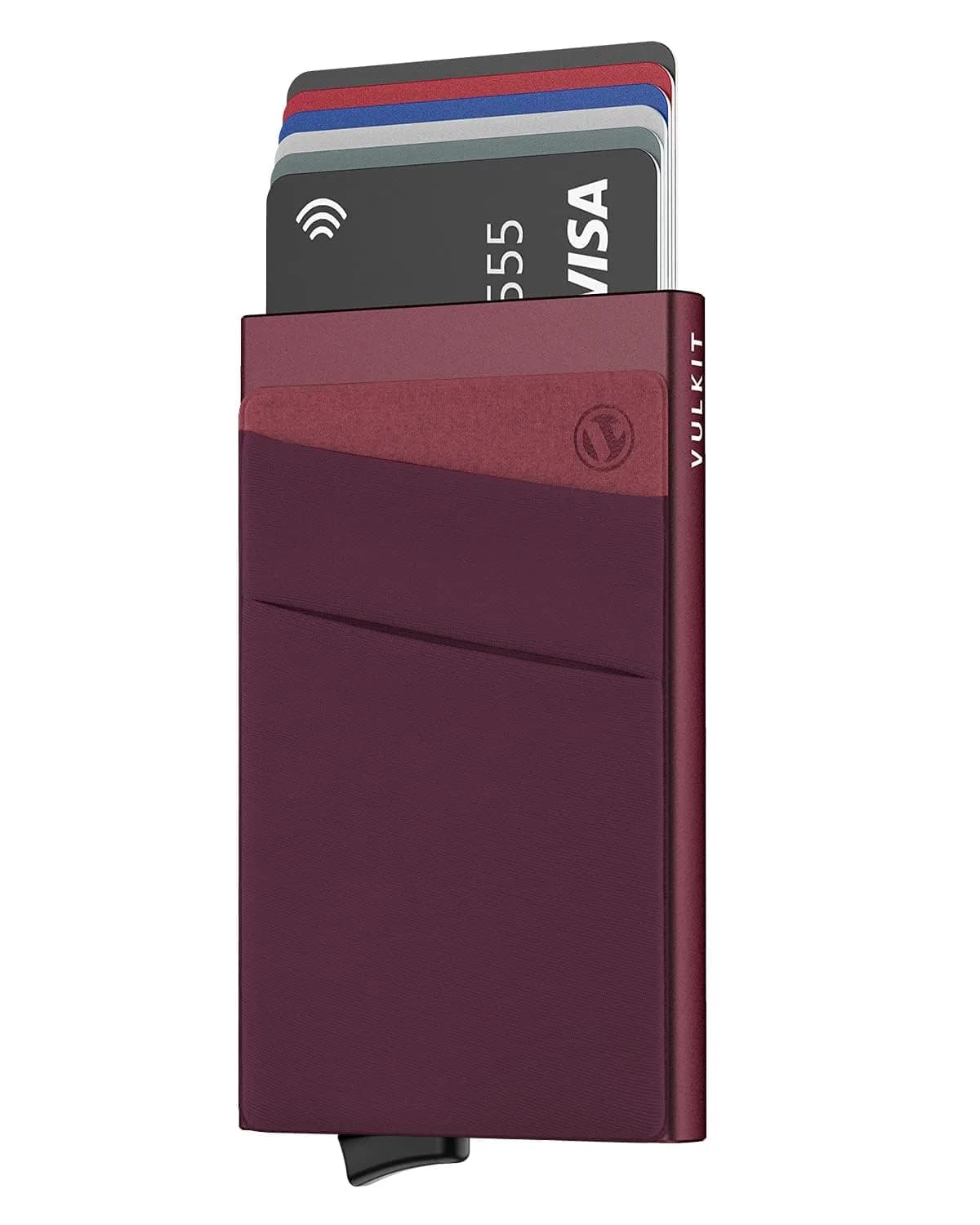 VULKIT Wine Pop Up Card Holder Wallet with Money Pocket | RFID Blocking Slim Metal Bank Card Case - main product image