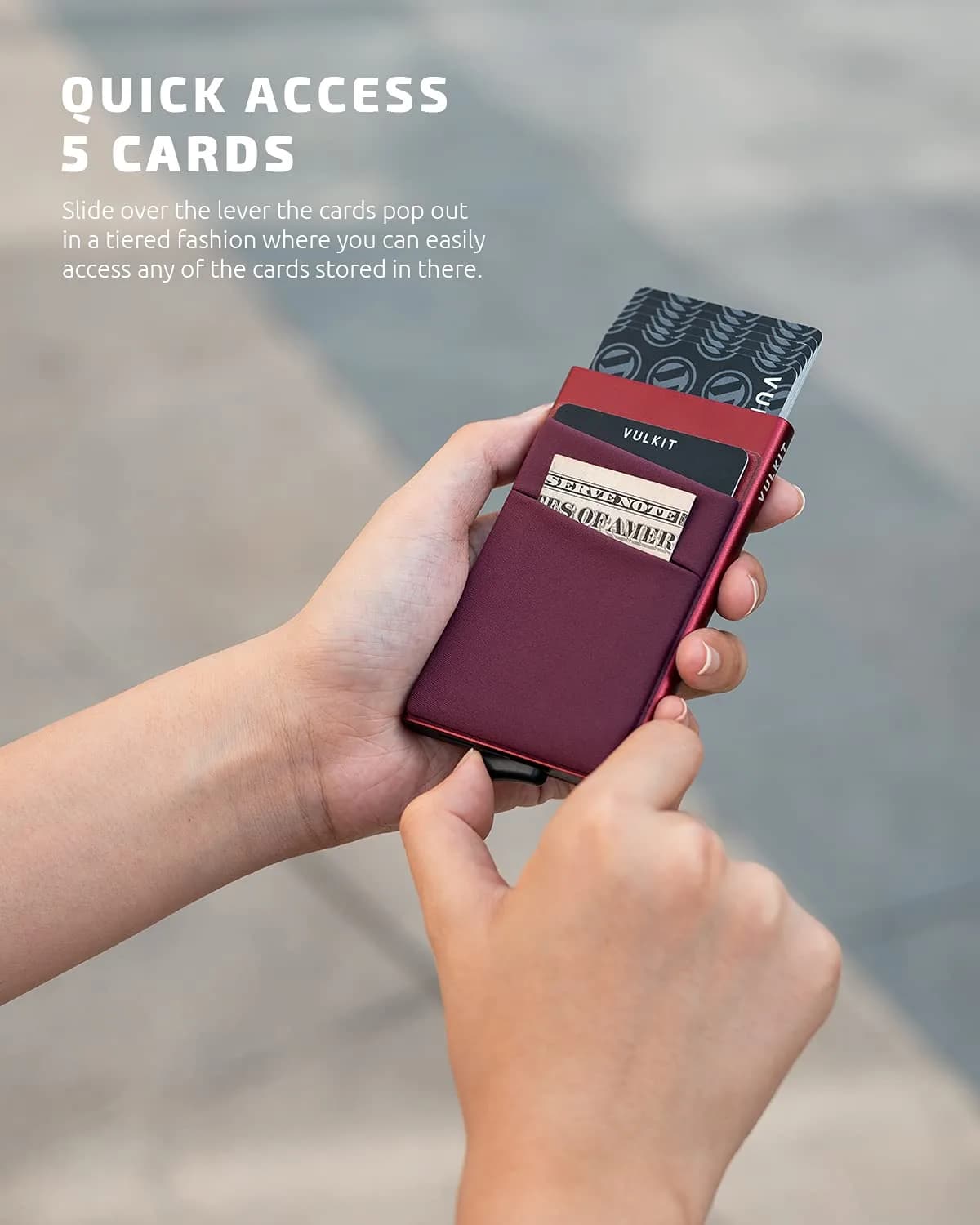 VULKIT Wine Pop Up Card Holder Wallet with Money Pocket | RFID Blocking Slim Metal Bank Card Case - view 2