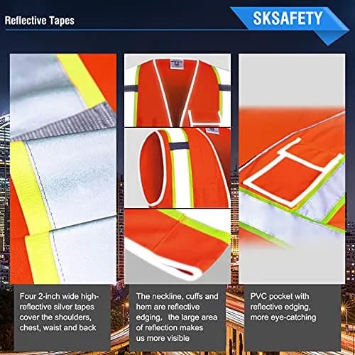 SKSAFETY Orange Class 2 High Visibility Safety Vest with Zipper & 10 Pockets | ANSI/ISEA Standard, 0.27 kg (0.5 lb) thumbnail 4