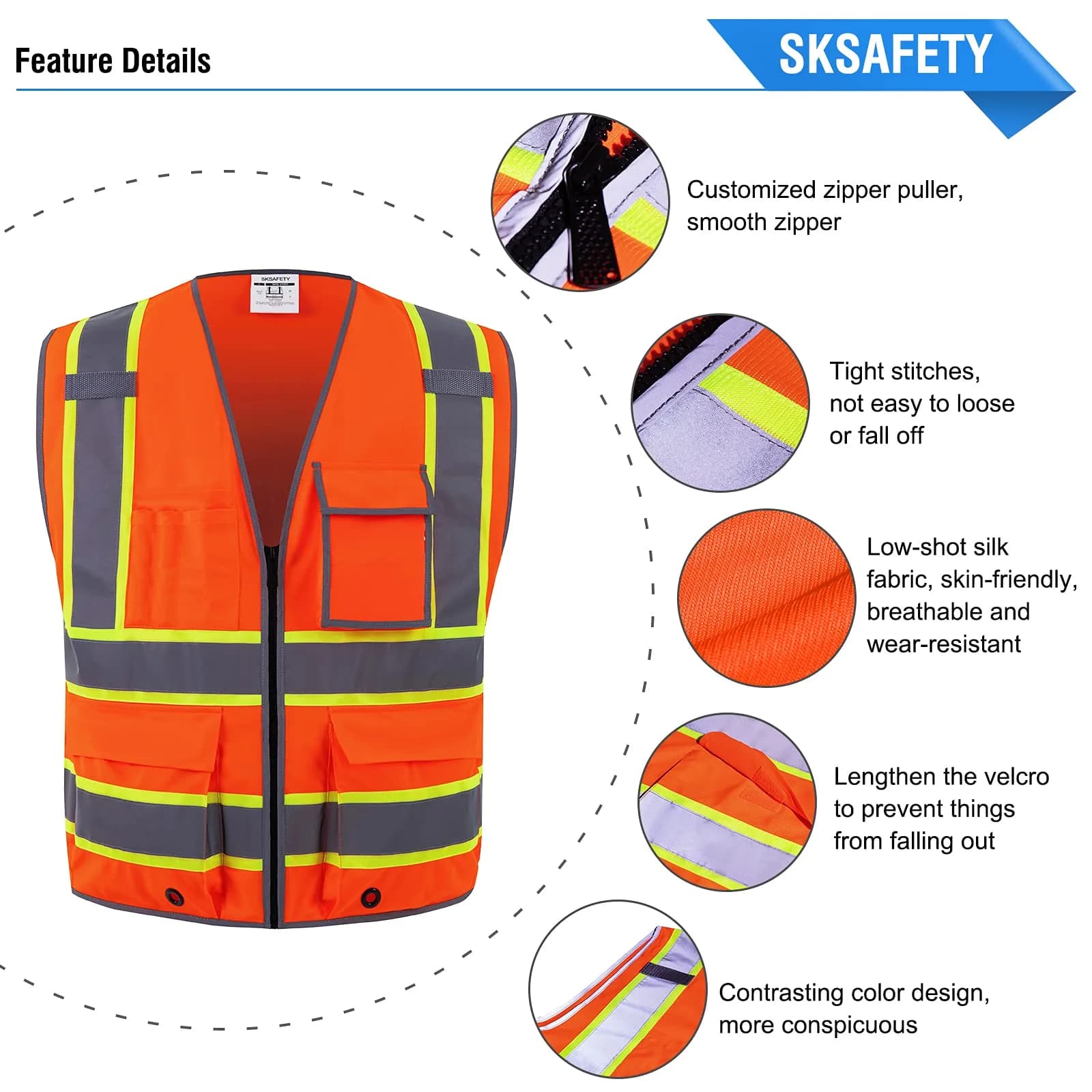 SKSAFETY Orange Class 2 High Visibility Safety Vest with Zipper & 10 Pockets | ANSI/ISEA Standard, 0.27 kg (0.5 lb) - view 5