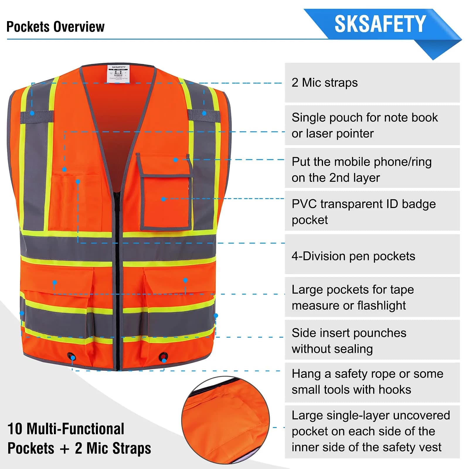 SKSAFETY Orange Class 2 High Visibility Safety Vest with Zipper & 10 Pockets | ANSI/ISEA Standard, 0.27 kg (0.5 lb) - view 6