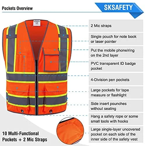 SKSAFETY Orange Class 2 High Visibility Safety Vest with Zipper & 10 Pockets | ANSI/ISEA Standard, 0.27 kg (0.5 lb) thumbnail 6