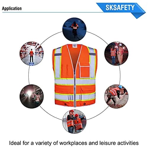 SKSAFETY Orange Class 2 High Visibility Safety Vest with Zipper & 10 Pockets | ANSI/ISEA Standard, 0.27 kg (0.5 lb) thumbnail 8