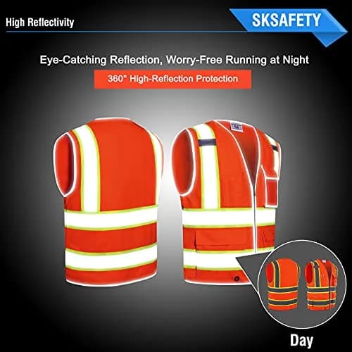 SKSAFETY Orange Class 2 High Visibility Safety Vest with Zipper & 10 Pockets | ANSI/ISEA Standard, 0.27 kg (0.5 lb) thumbnail 2