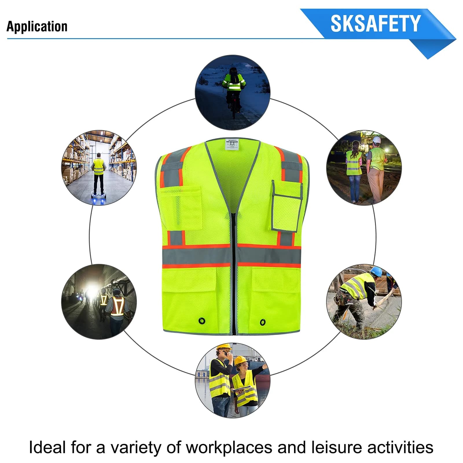 SKSAFETY High Visibility Safety Vest with Zipper and Reflective Strips, Class 2 ANSI/ISEA Standard, 5XL Lime - view 8