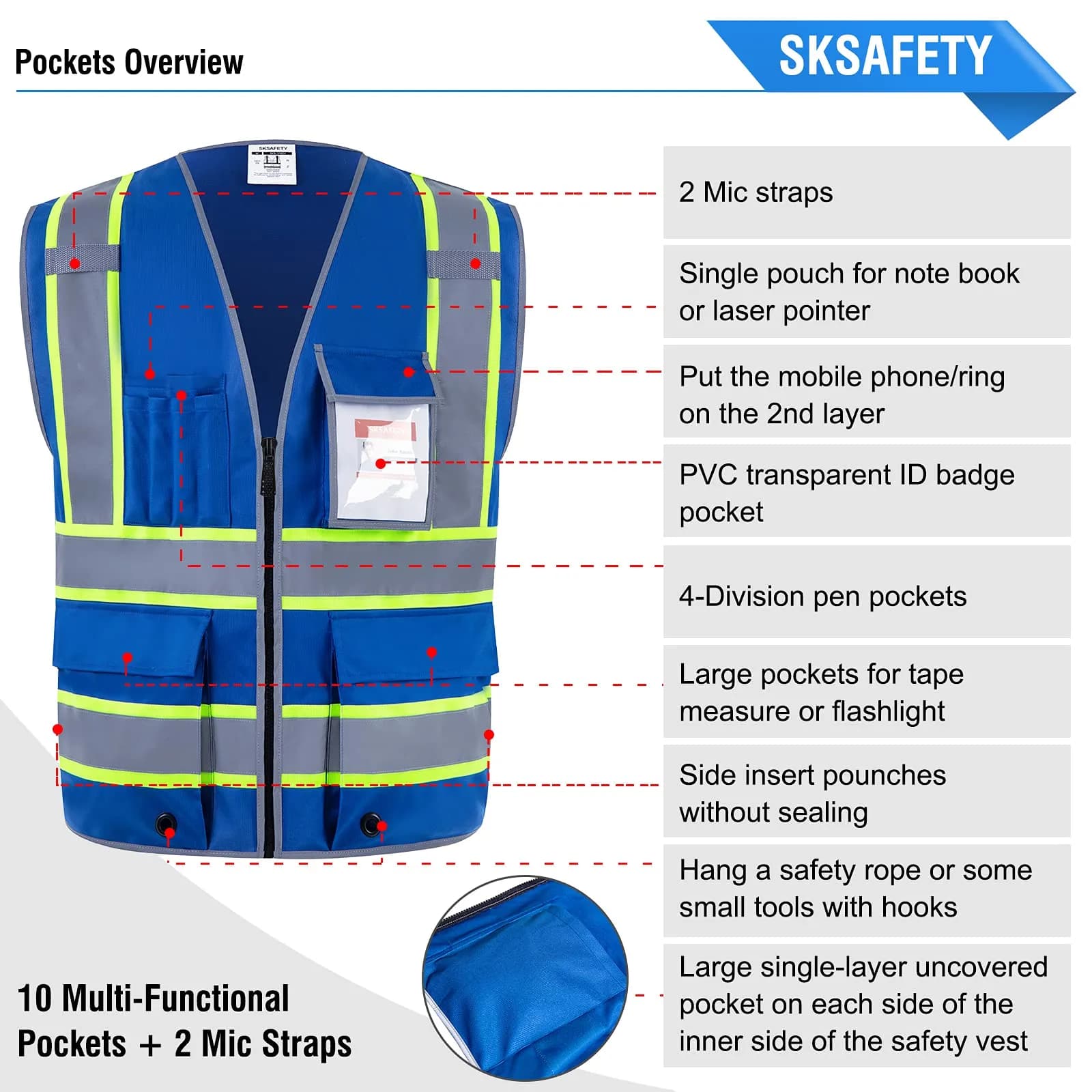 SKSAFETY Blue Hi-Vis Safety Vest with Zipper, ANSI/ISEA Class 2, 3XL (3XL) - view 6