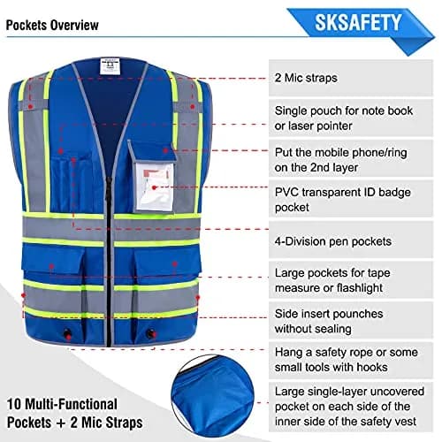 SKSAFETY Blue Hi-Vis Safety Vest with Zipper, ANSI/ISEA Class 2, 3XL (3XL) thumbnail 6