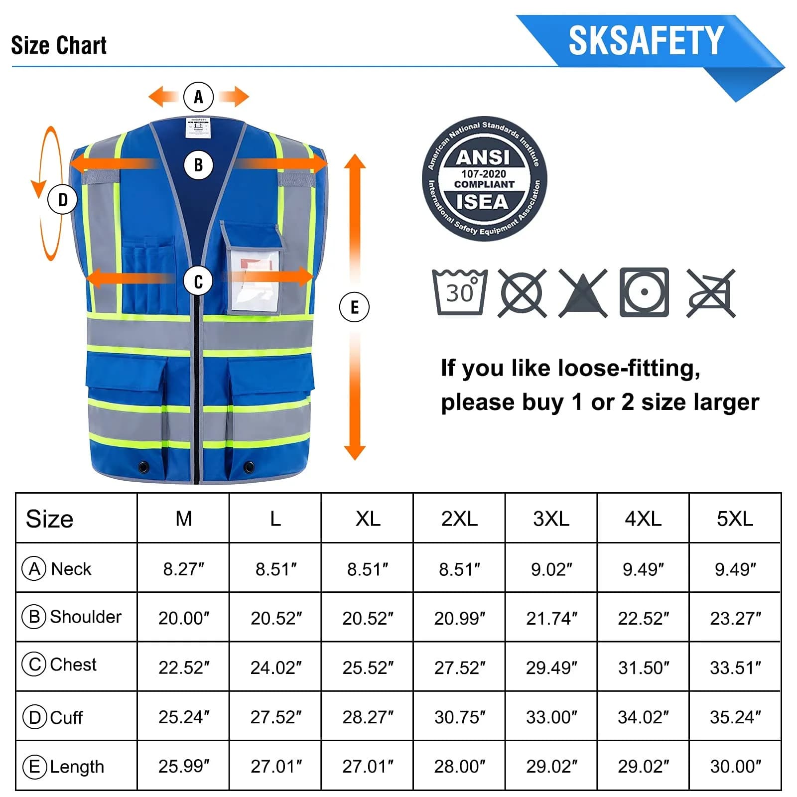 SKSAFETY Blue Hi-Vis Safety Vest with Zipper, ANSI/ISEA Class 2, 3XL (3XL) - view 7