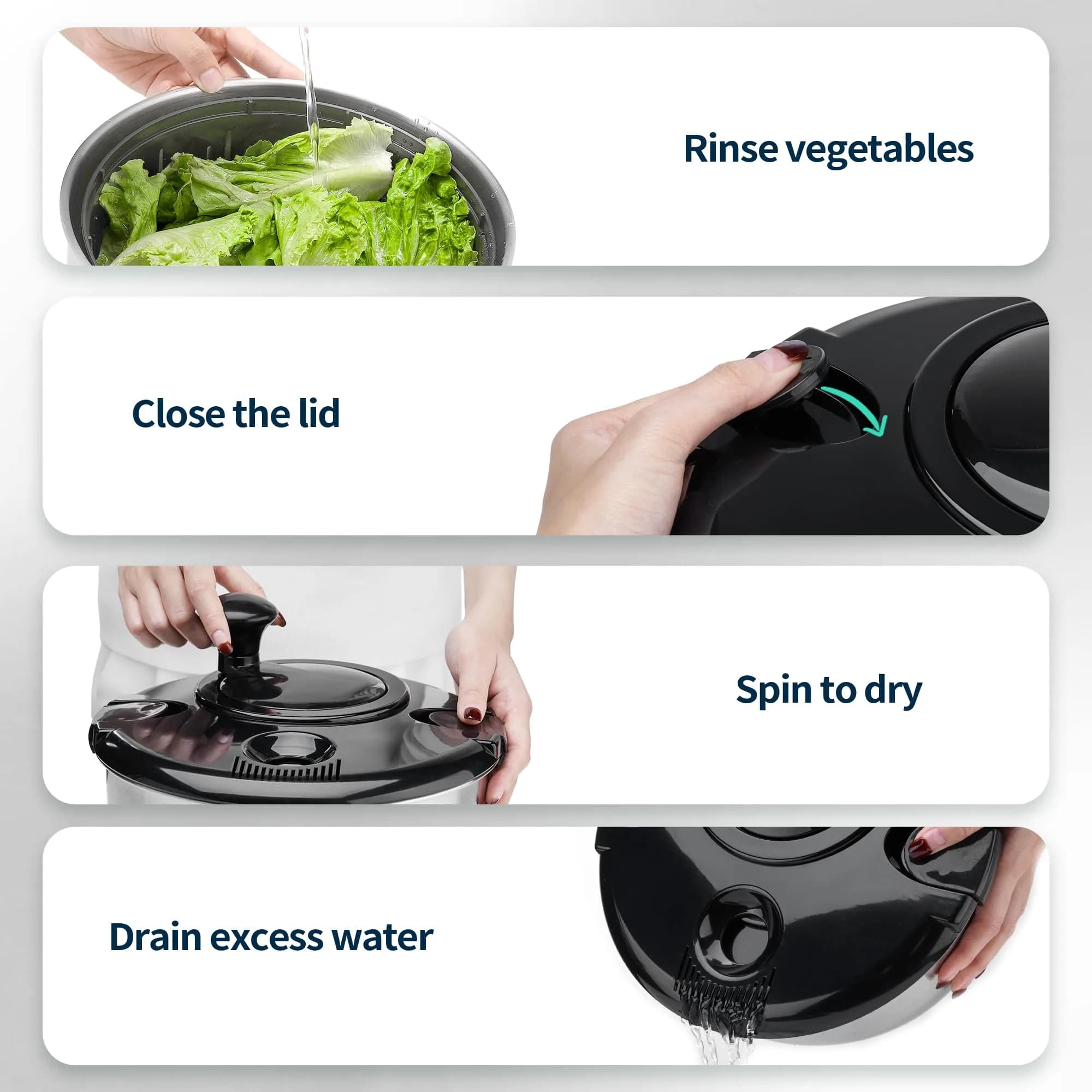SveBake Stainless Steel Salad Spinner 4.8 Qt with Crank & Non-Slip Base | Washes & Dries Greens, Herbs, Berries, Veggies - view 5