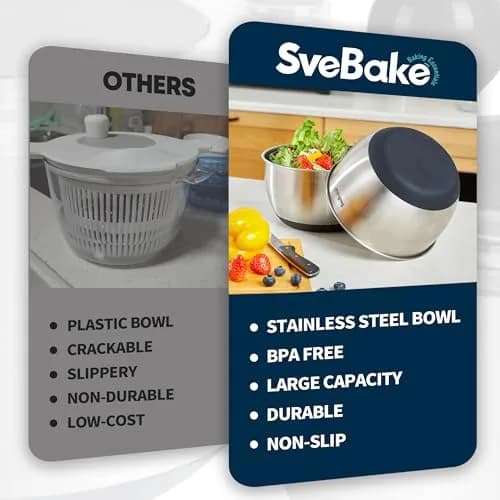 SveBake Stainless Steel Salad Spinner 4.8 Qt with Crank & Non-Slip Base | Washes & Dries Greens, Herbs, Berries, Veggies thumbnail 6