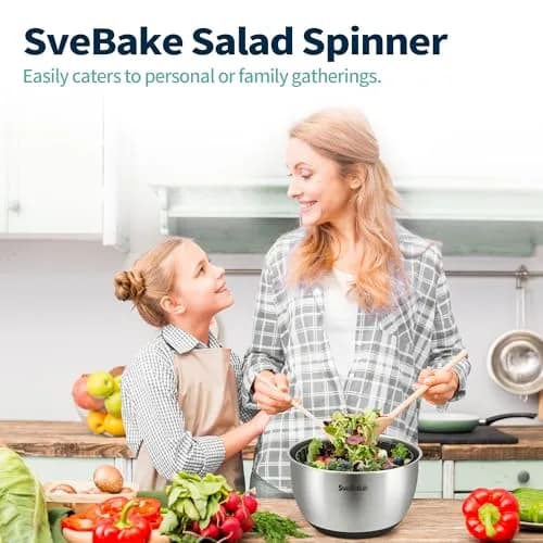 SveBake Stainless Steel Salad Spinner 4.8 Qt with Crank & Non-Slip Base | Washes & Dries Greens, Herbs, Berries, Veggies thumbnail 9