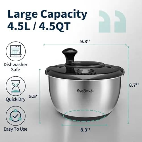SveBake Stainless Steel Salad Spinner 4.8 Qt with Crank & Non-Slip Base | Washes & Dries Greens, Herbs, Berries, Veggies thumbnail 2