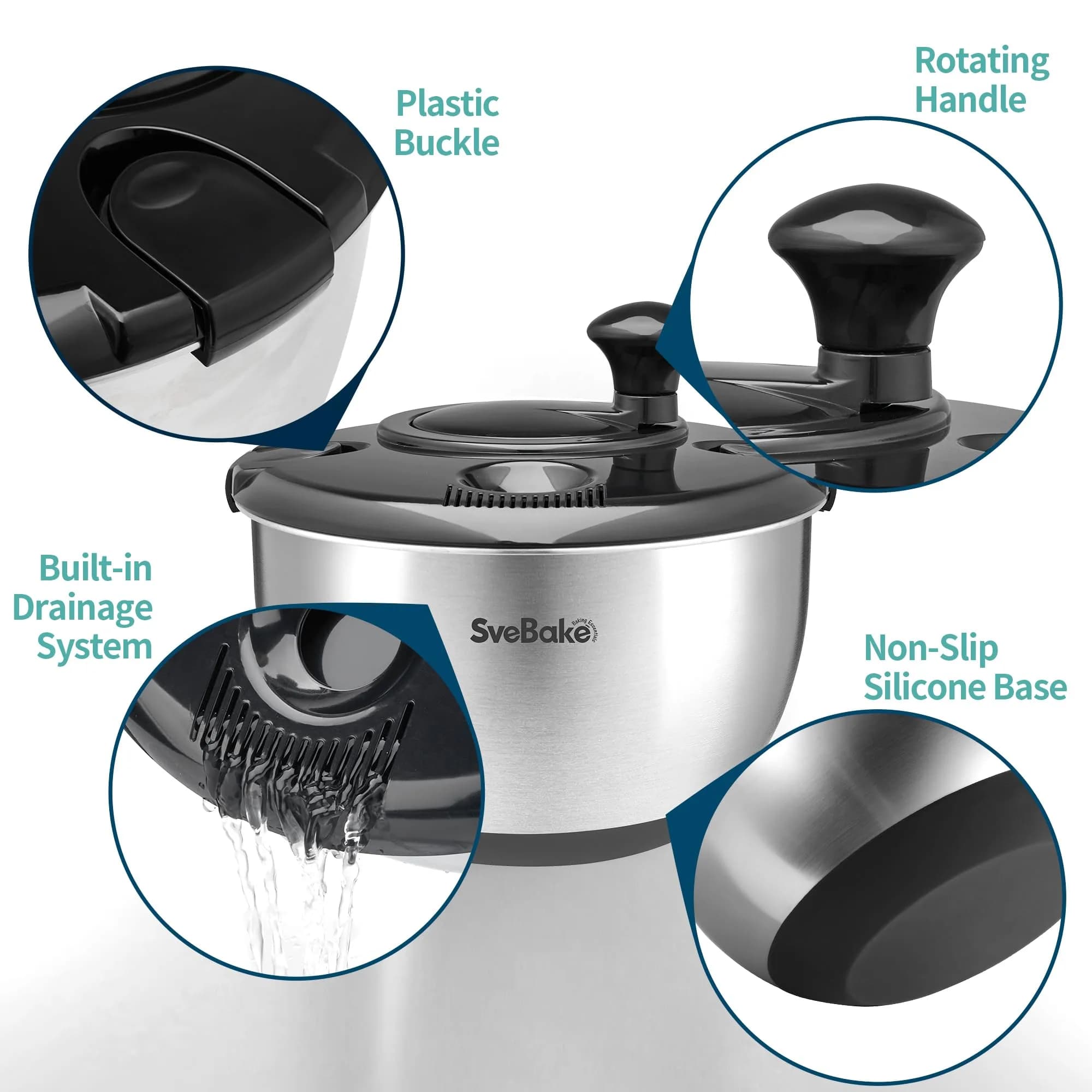 SveBake Stainless Steel Salad Spinner 4.8 Qt with Crank & Non-Slip Base | Washes & Dries Greens, Herbs, Berries, Veggies - view 3