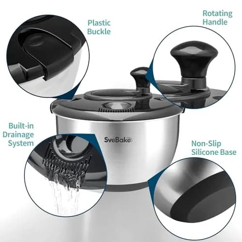 SveBake Stainless Steel Salad Spinner 4.8 Qt with Crank & Non-Slip Base | Washes & Dries Greens, Herbs, Berries, Veggies thumbnail 3
