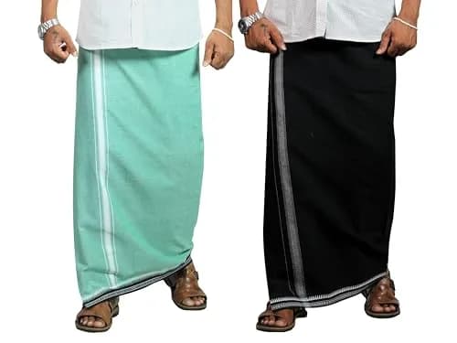 PRAKASAM COTTON Men's Kerala Style Thalapathi Border Dhoti | Pack of 2, Black-Green (1.28x2.00 mtrs) thumbnail 1