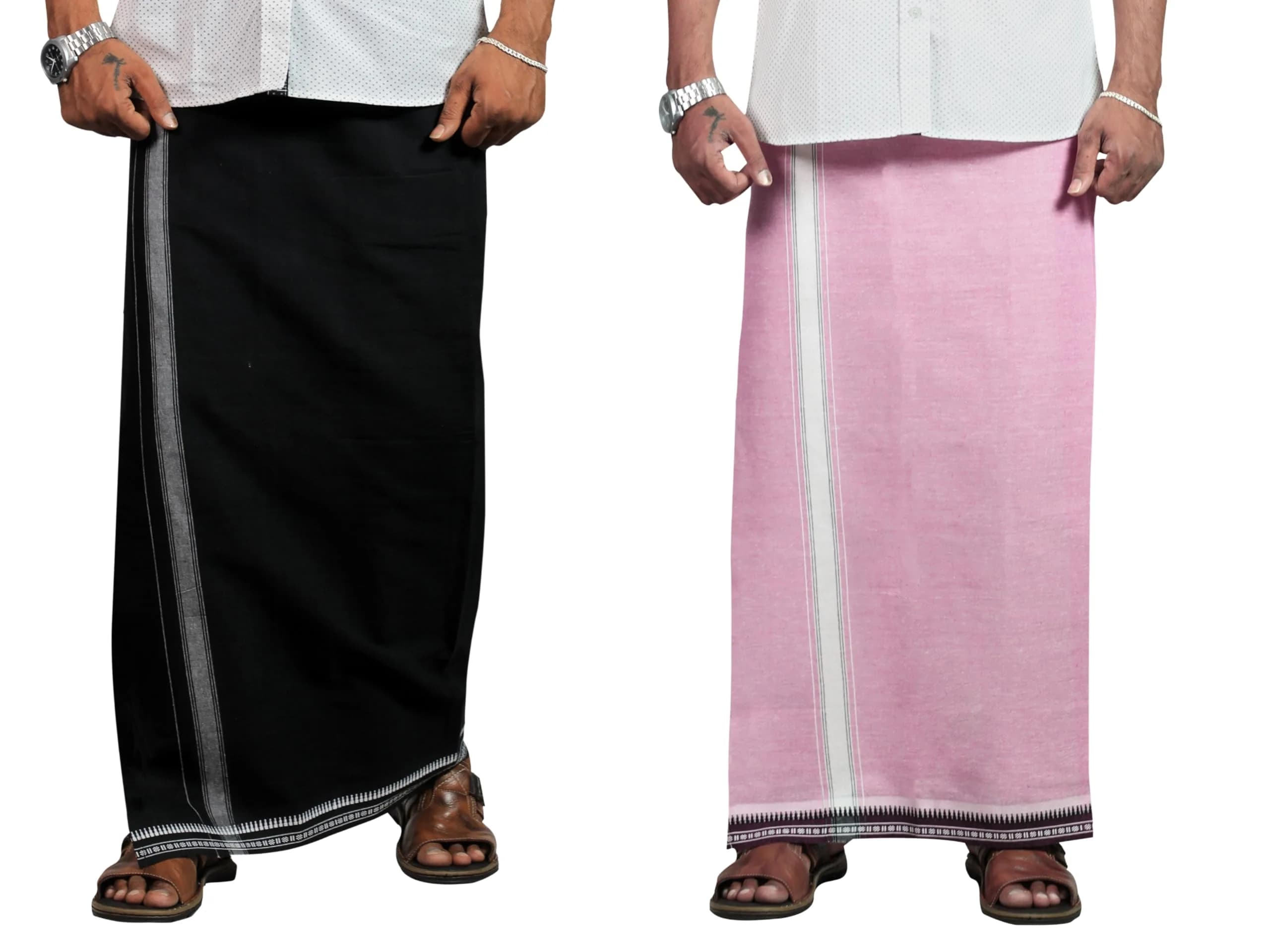 PRAKASAM COTTON Men's Kerala Style Thalapathi Border Dhoti 1.28x2.00 mtrs | Pack of 2 Black-Pink
