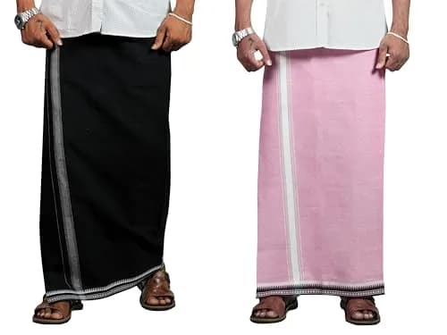 PRAKASAM COTTON Men's Kerala Style Thalapathi Border Dhoti 1.28x2.00 mtrs | Pack of 2 Black-Pink thumbnail 1