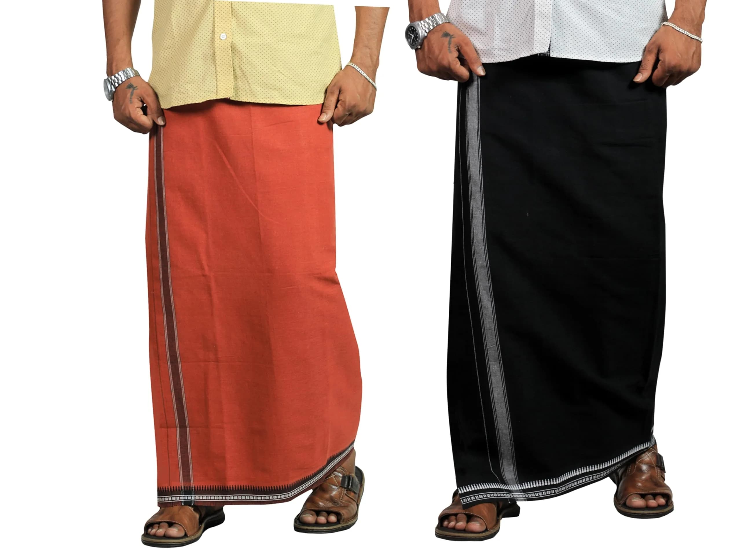 PRAKASAM COTTON Men's Kerala Style Dhoti (2-Pack, Black-Kaavi) | 100% Cotton Fine Quality