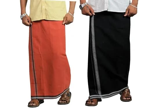 PRAKASAM COTTON Men's Kerala Style Dhoti (2-Pack, Black-Kaavi) | 100% Cotton Fine Quality thumbnail 1