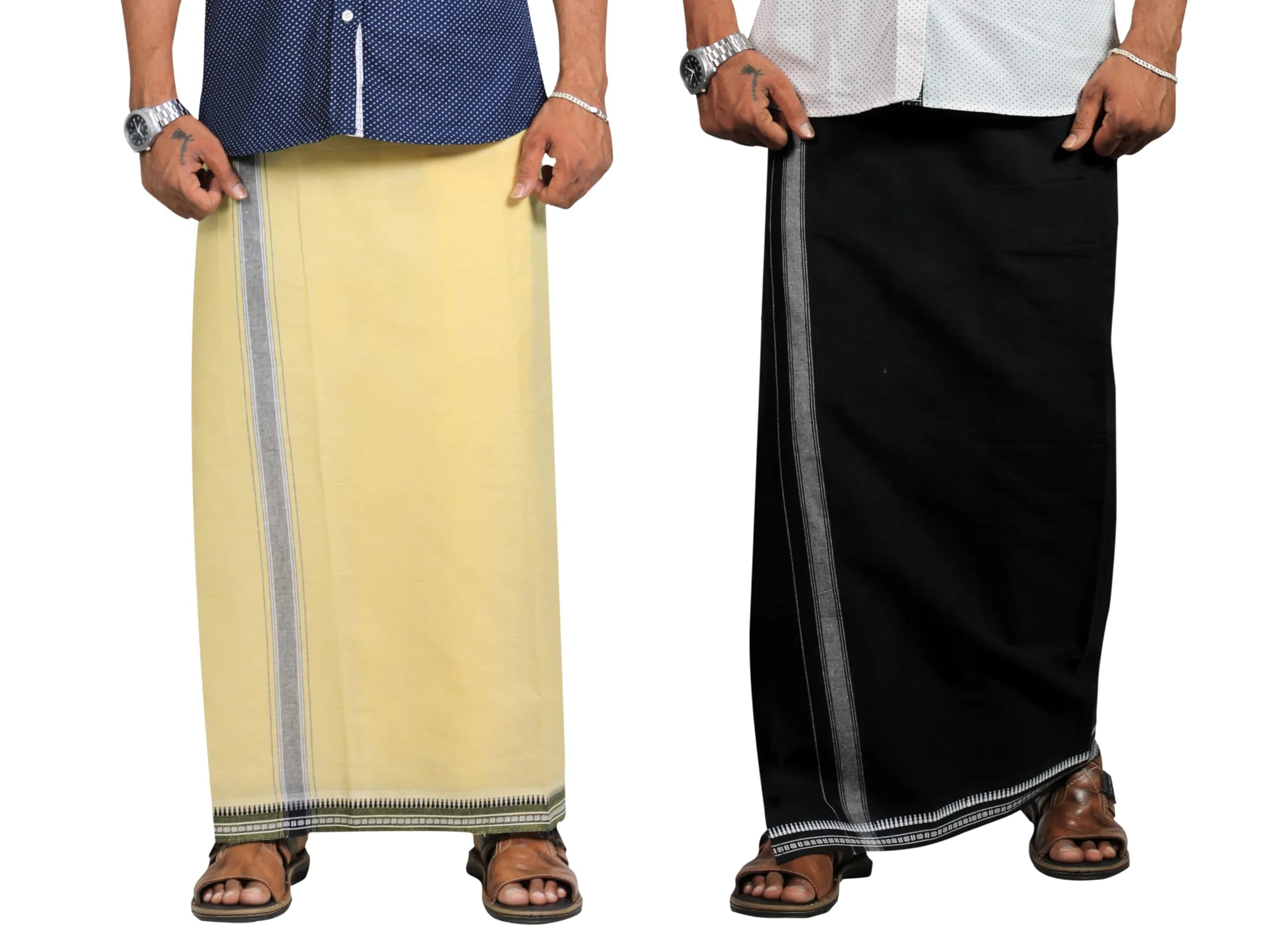 PRAKASAM COTTON Men's Kerala Style Dhoti (2.00 m x 1.28 m) | Pack of 2 Black-Yellow Solid Cotton - main product image