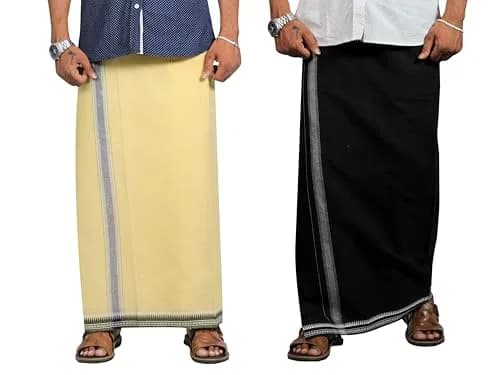 PRAKASAM COTTON Men's Kerala Style Dhoti (2.00 m x 1.28 m) | Pack of 2 Black-Yellow Solid Cotton thumbnail 1