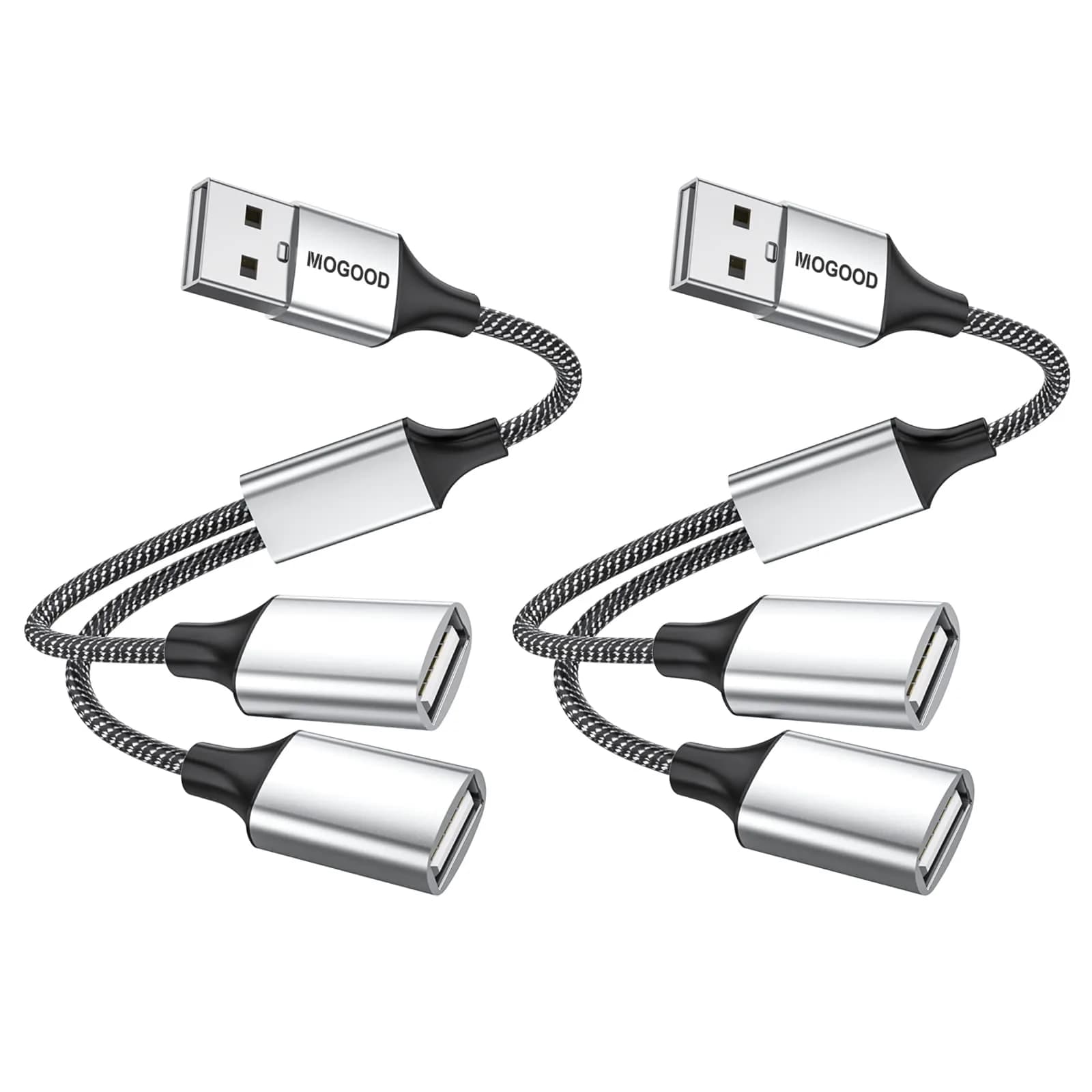 MOGOOD USB Splitter 1-to-2 Y-Cable, 2-Pack Silver | Expands USB-A Port for Data & Charging