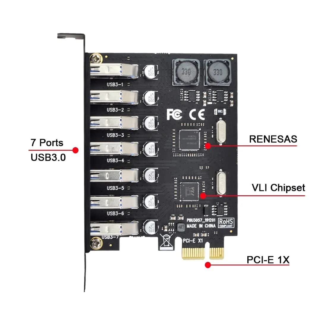 ChenYang 7 Port PCI-E 1X to 7 USB 3.0 HUB PCI Express Expansion Card Adapter with 120mm Bracket | 5Gbps Data Transfer - view 7