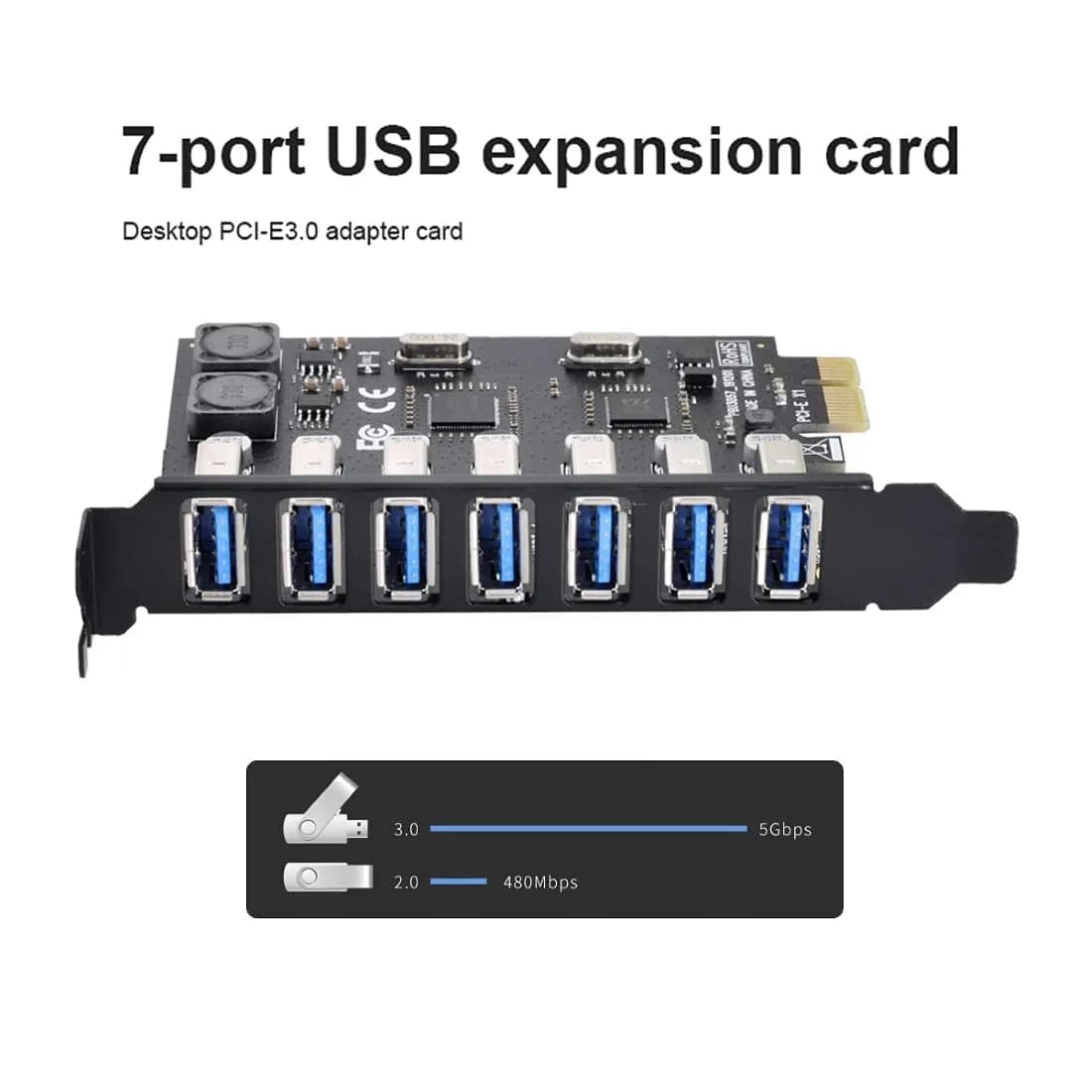 ChenYang 7 Port PCI-E 1X to 7 USB 3.0 HUB PCI Express Expansion Card Adapter with 120mm Bracket | 5Gbps Data Transfer - view 3
