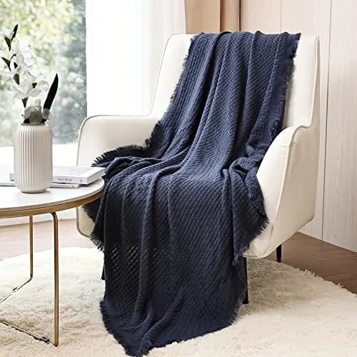 CREVENT Farmhouse Waffle Knit Throw Blanket for Couch Sofa Chair Bed Home Decoration, Soft Warm Cozy Light Weight for Spring Summer Fall (50''X60'' Navy Blue) thumbnail 1
