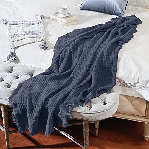 CREVENT Farmhouse Waffle Knit Throw Blanket for Couch Sofa Chair Bed Home Decoration, Soft Warm Cozy Light Weight for Spring Summer Fall (50''X60'' Navy Blue) thumbnail 4