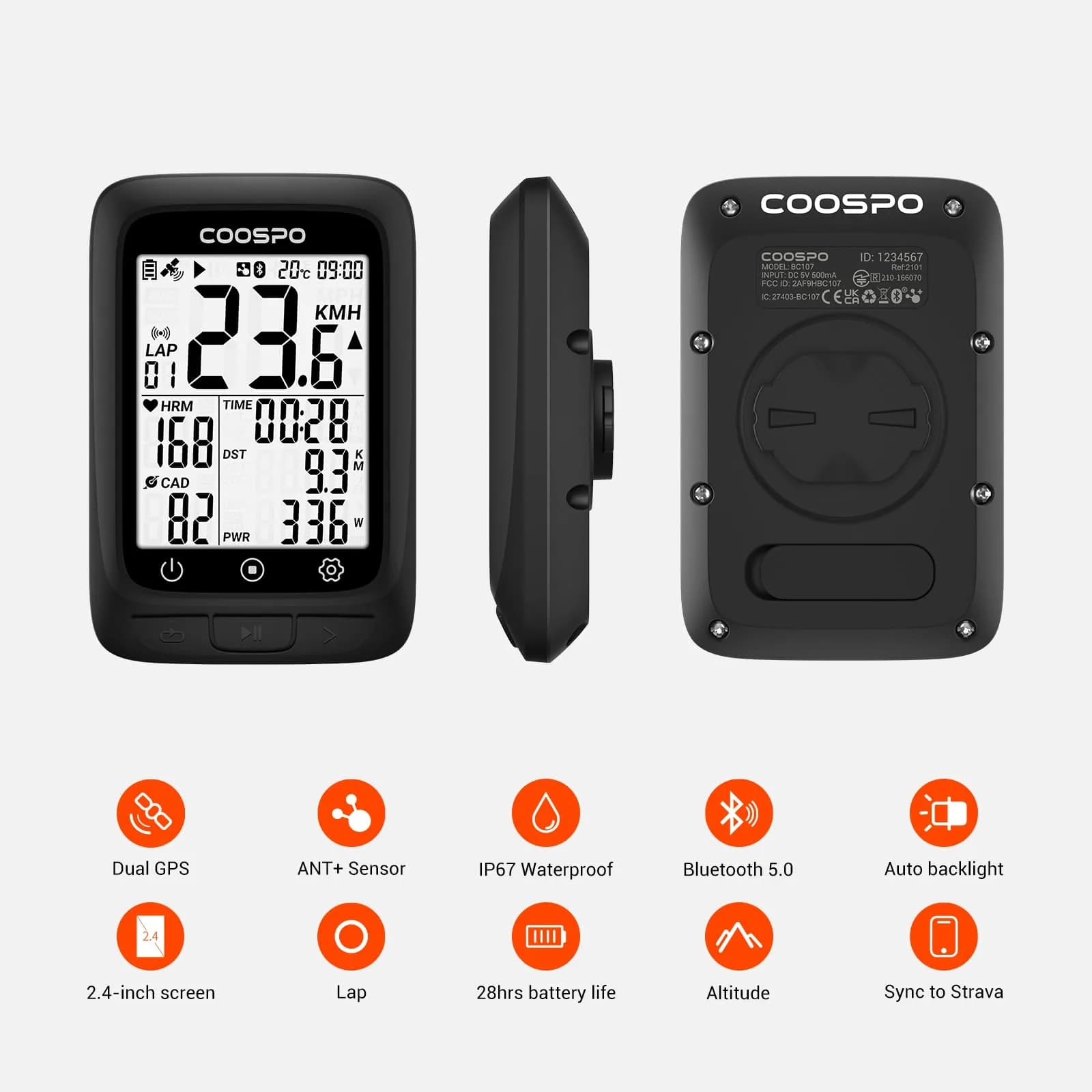 CooSpo BC107 GPS Bike Computer Wireless with ANT+ & Bluetooth, 5.84cm (2.3") LCD, IP67 Waterproof | Accurate GPS Positioning for Cycling - view 2