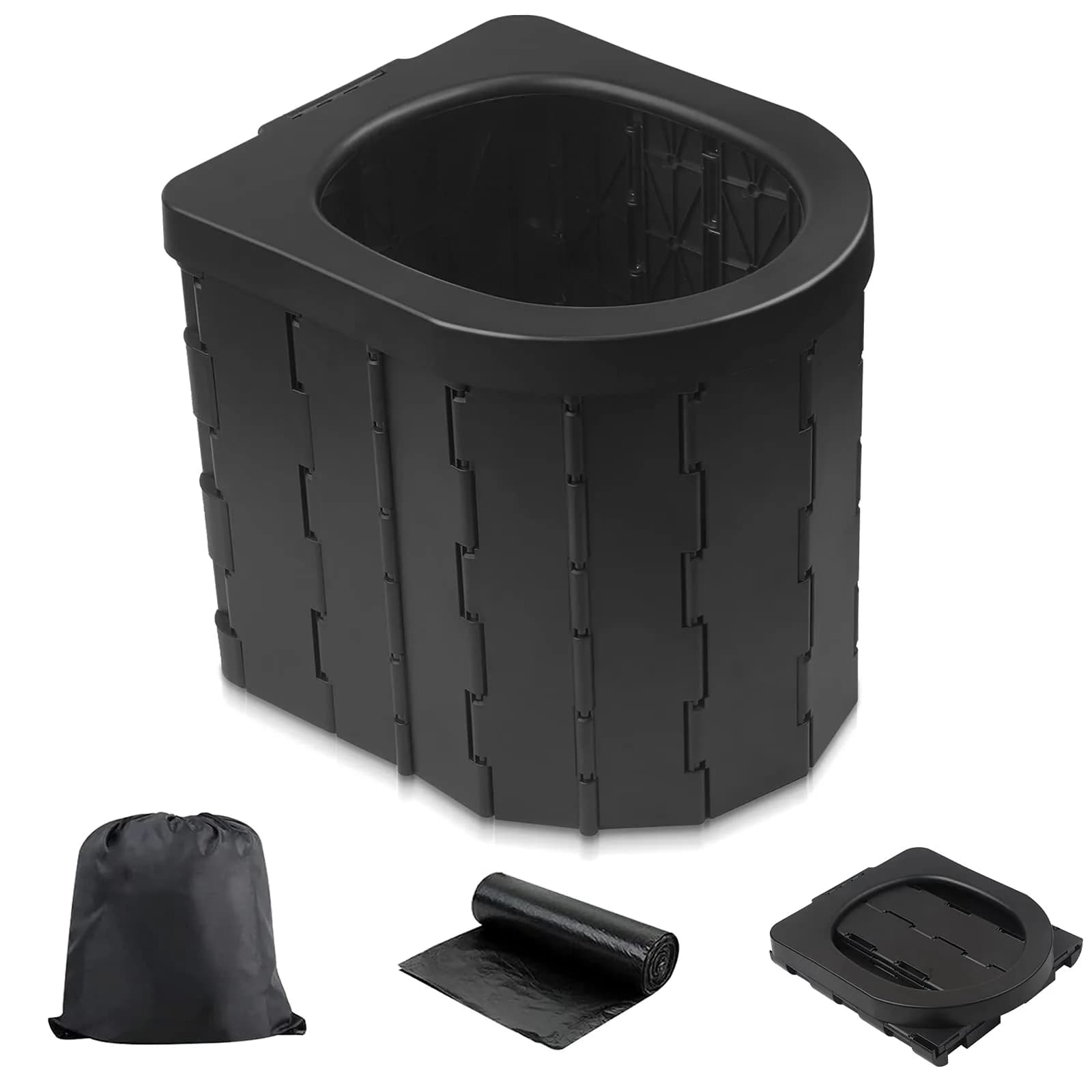 Zinyeme Portable Toilet for Camping, Folding Commode Bucket with 12 Bags & Carry Bag, 400 lb Capacity | Outdoor Travel Restroom — Black