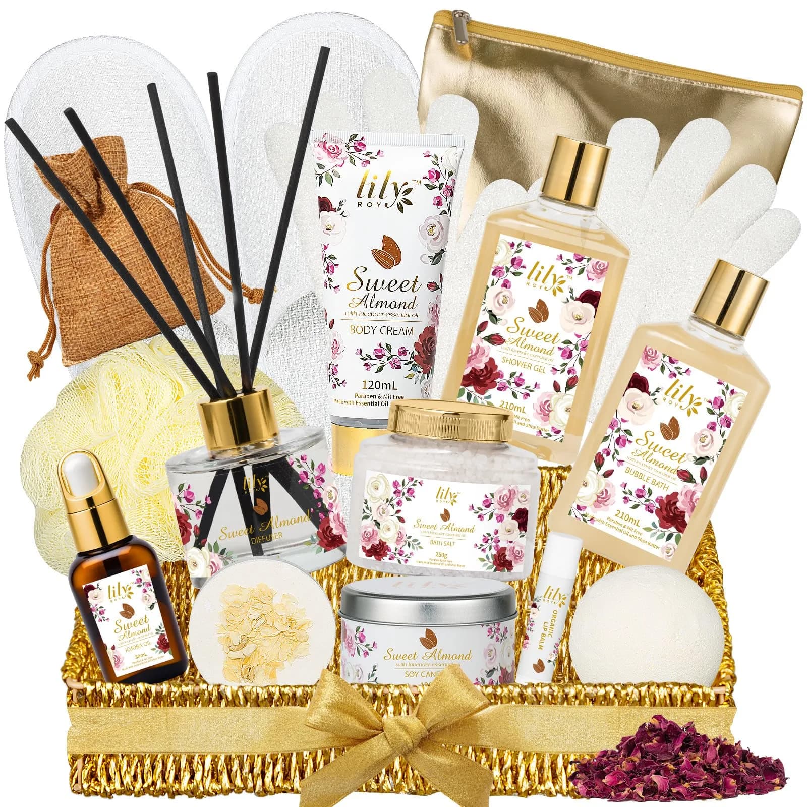 LILY ROY 17Pcs Spa Gift Set | Moisturizing Bath Basket for Women & Mom (17 Piece) — Sweet Almond