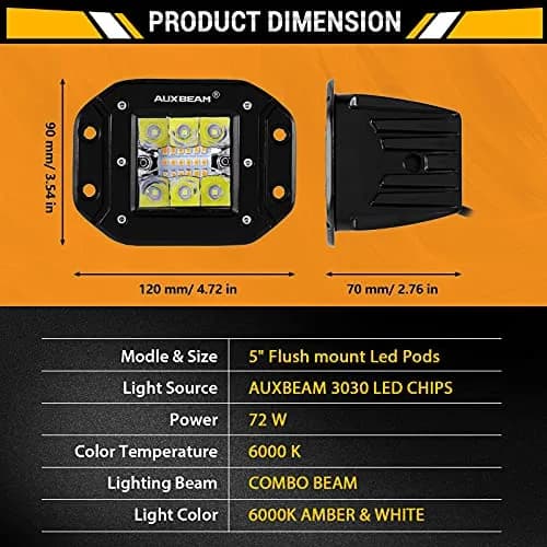 Auxbeam 5 Inch Pod Lights 72W White Amber Strobe Offroad Flush Mount Light | 6 Modes, IP68, Aluminum thumbnail 3