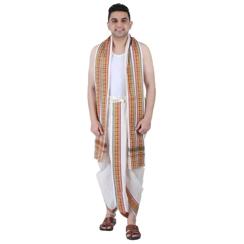 PRAKASAM COTTON Men's Towel Set with Pocket, One Size | Cotton, Off-White, Relaxed Fit, Easy Wear (70-120 chars) thumbnail 3