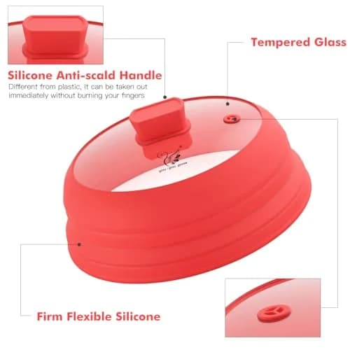 GLOU-GLOU GOOSE GGG Microwave Splatter Cover Glass Lid 10.8 inch | Collapsible Silicone, Tempered Glass, Anti-Scald Handle thumbnail 2