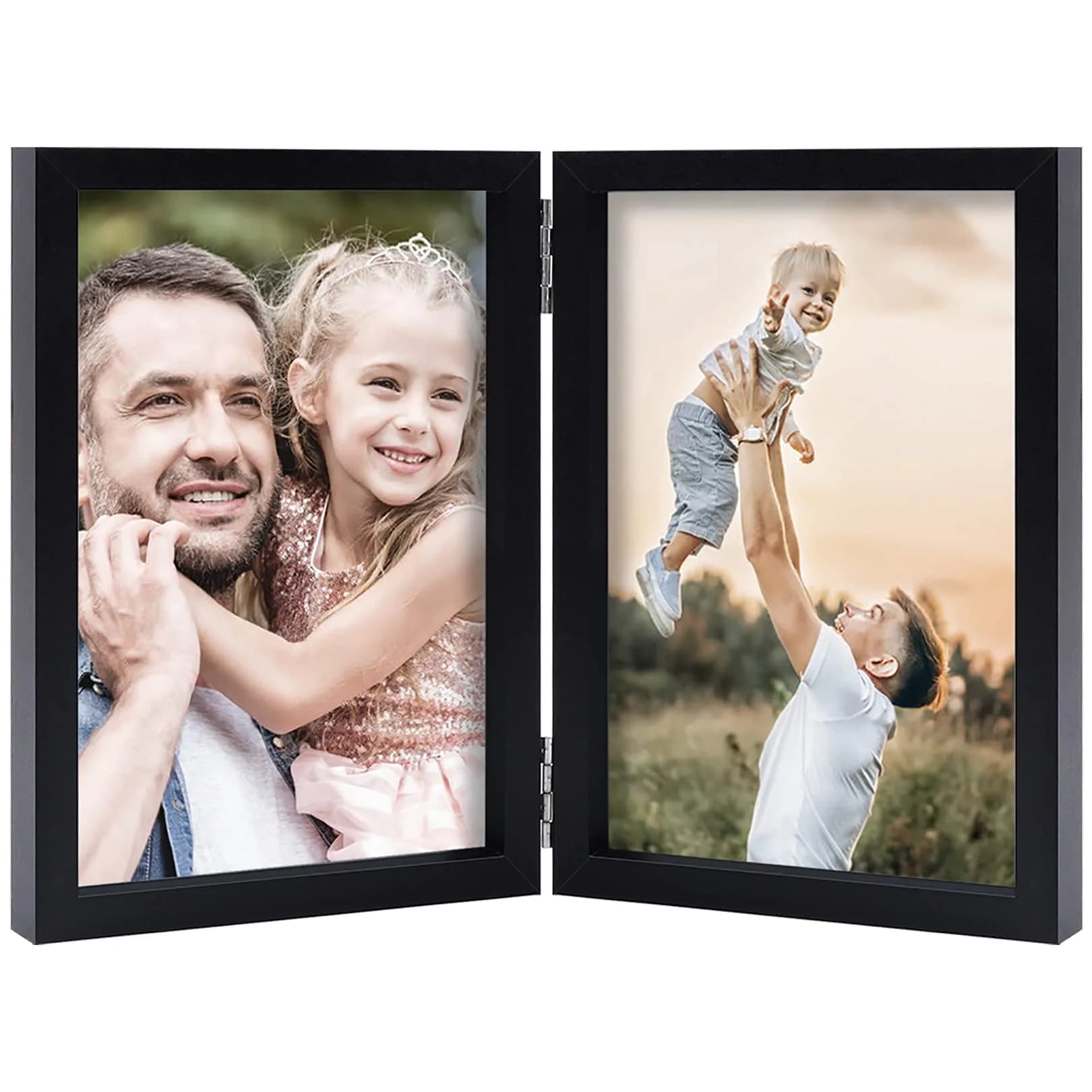 WUTL 5x7 Double Picture Frames Hinged with Real Glass Stand Vertical Wood Black