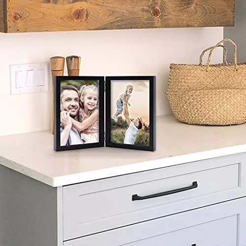 WUTL 5x7 Double Picture Frames Hinged with Real Glass Stand Vertical Wood Black thumbnail 6
