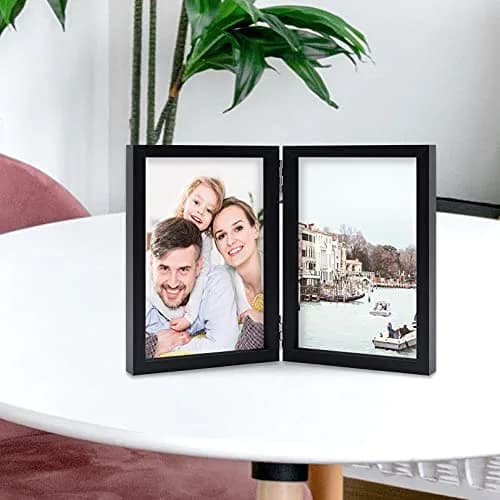 WUTL 5x7 Double Picture Frames Hinged with Real Glass Stand Vertical Wood Black thumbnail 7