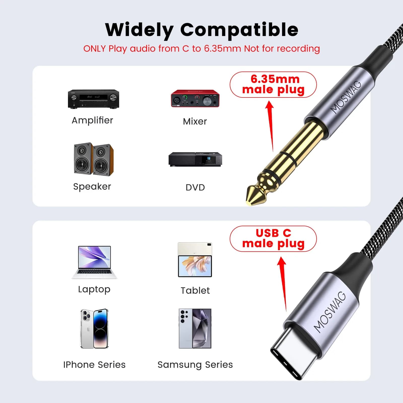 MOSWAG USB C to 1/4 Inch TRS Audio Cable 3m (10ft) | Hi-Fi Stereo Sound for Smartphones to Amplifiers - view 2